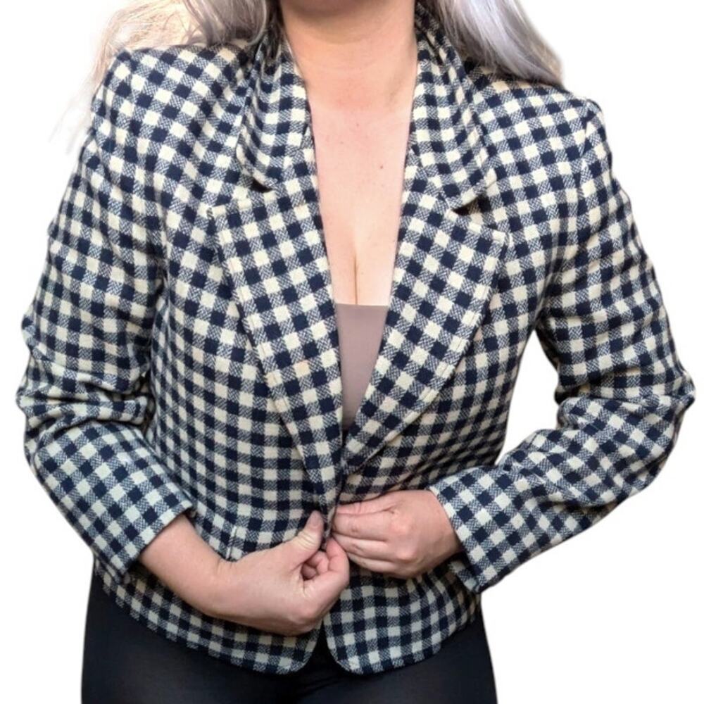 Vintage Jaeger Plaid Gingham Wool Blazer Structured Jacket Womens Medium Navy